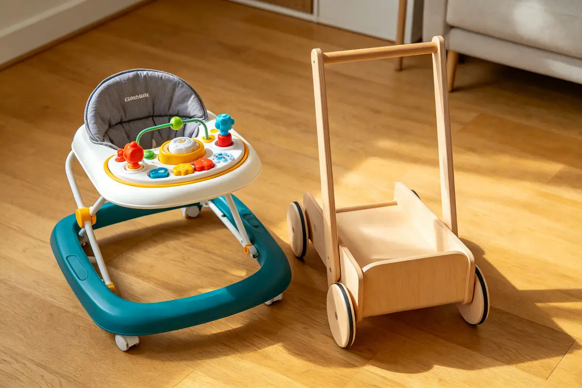 Two types of baby walkers including traditional seated activity walker and modern push-along wooden walker on wooden floor