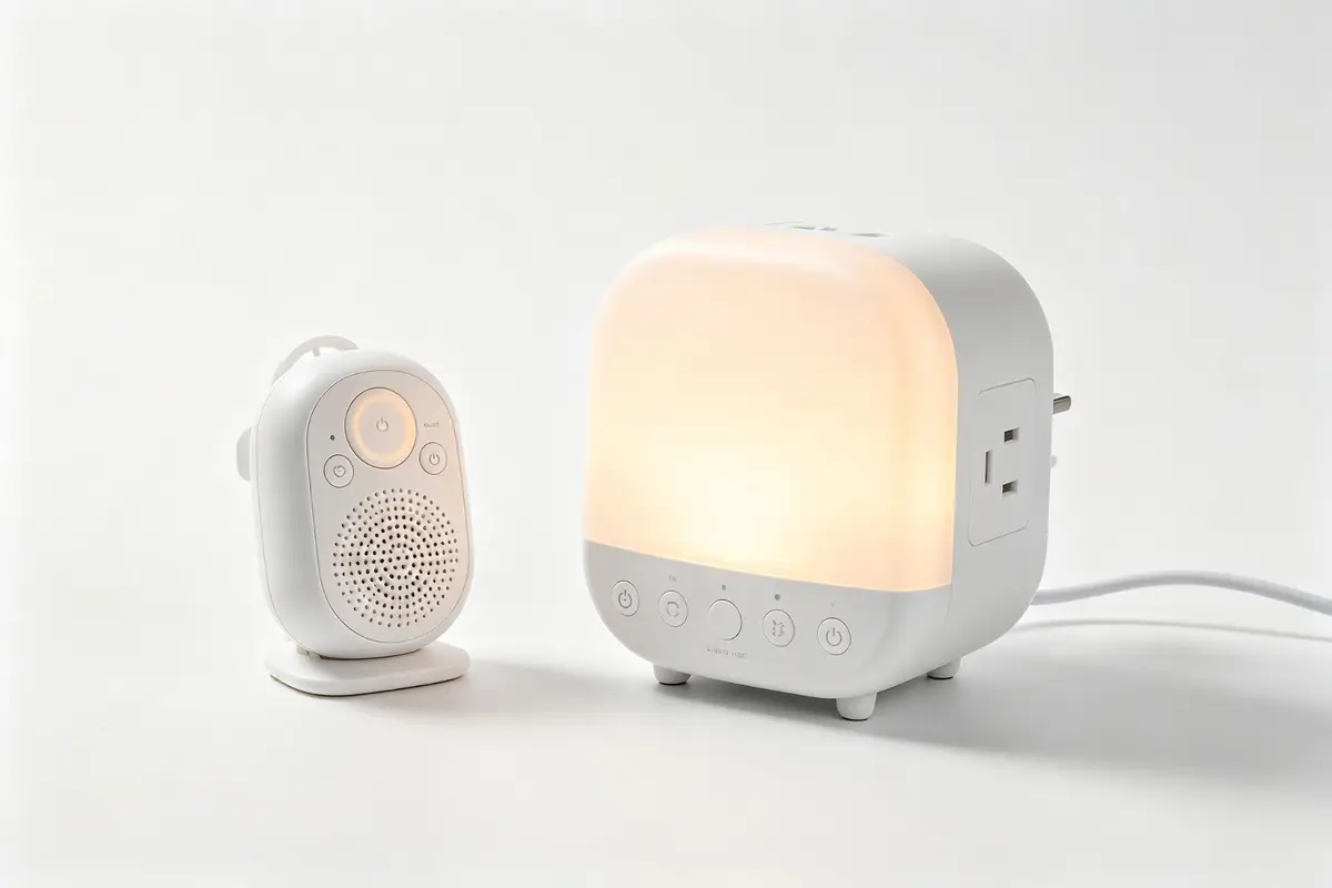 Two types of baby sound machines including portable clip-on and plug-in nightstand models on white background