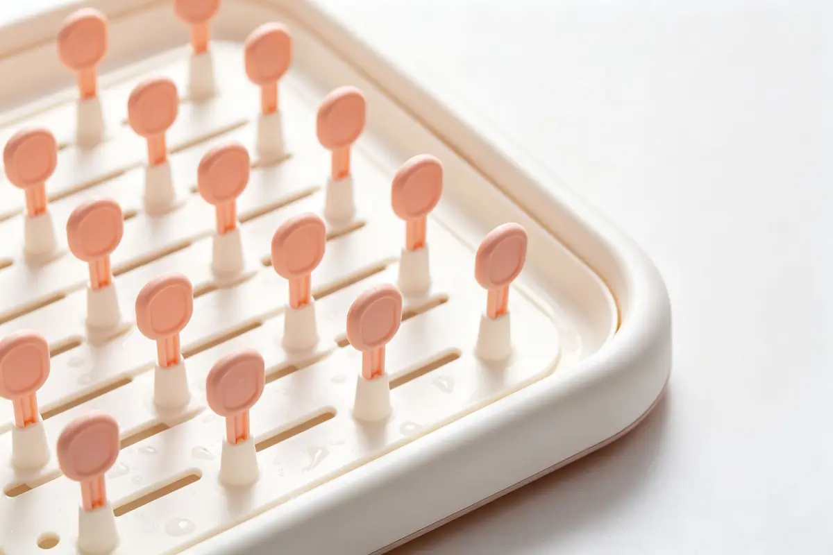 Close-up of a collapsible baby bottle drying rack showing silicone pegs, drip tray, and compact foldable design on clean white background, product photography