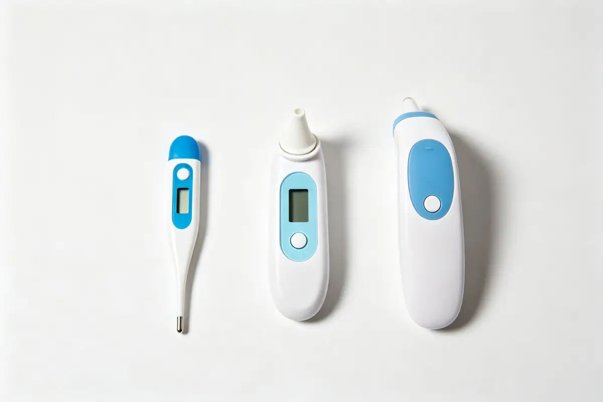 Three types of baby thermometers including digital stick, ear thermometer, and forehead thermometer on white background