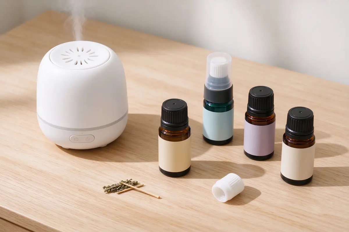 A baby diffuser and essential oil bottles on a light wood table, product flat lay