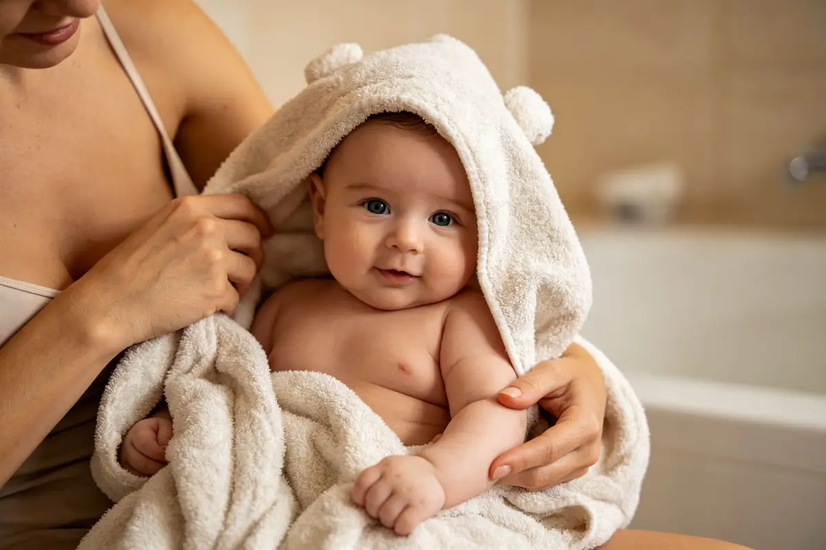 Mother wrapping newborn baby in soft wrap-style baby towel after bathing