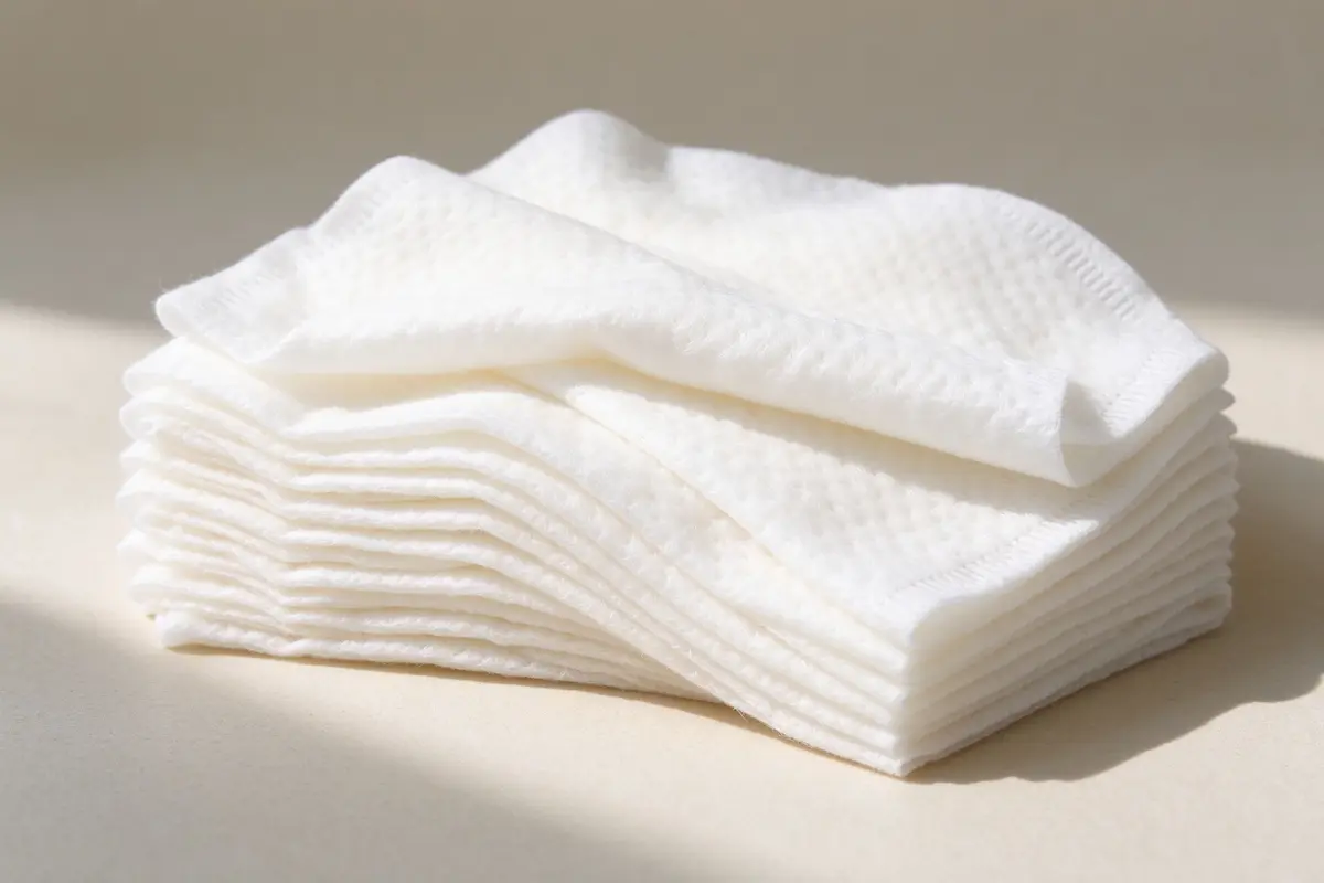 Stack of soft white bamboo baby wipes fanned out on a neutral surface, natural light