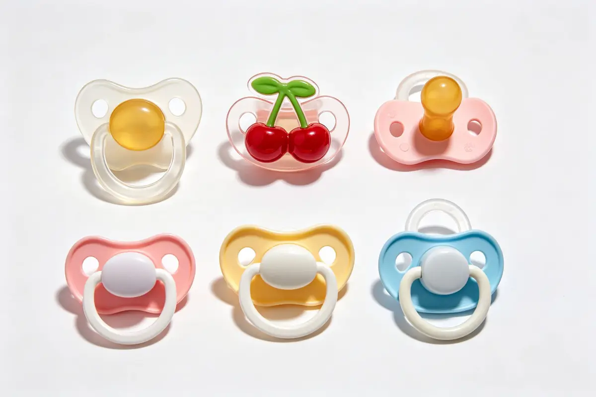 Different types of baby pacifiers laid out flat including orthodontic, symmetrical, cherry shape, newborn and toddler sizes