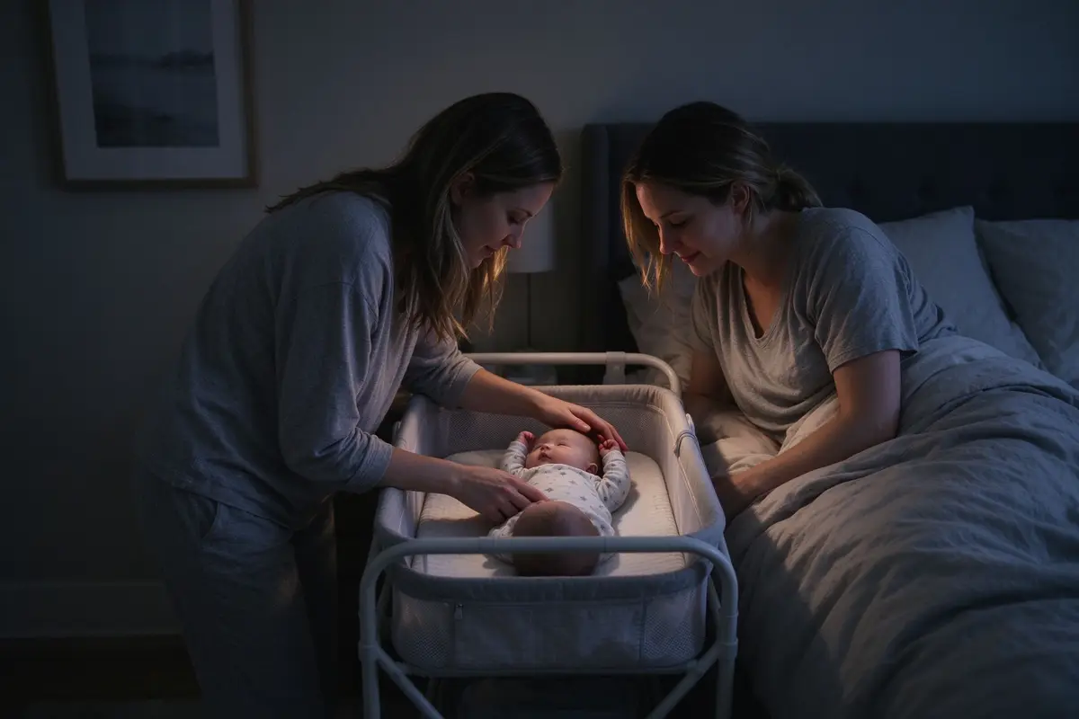 A mother leaning over a baby bassinet next to her bed at night, reaching for her baby