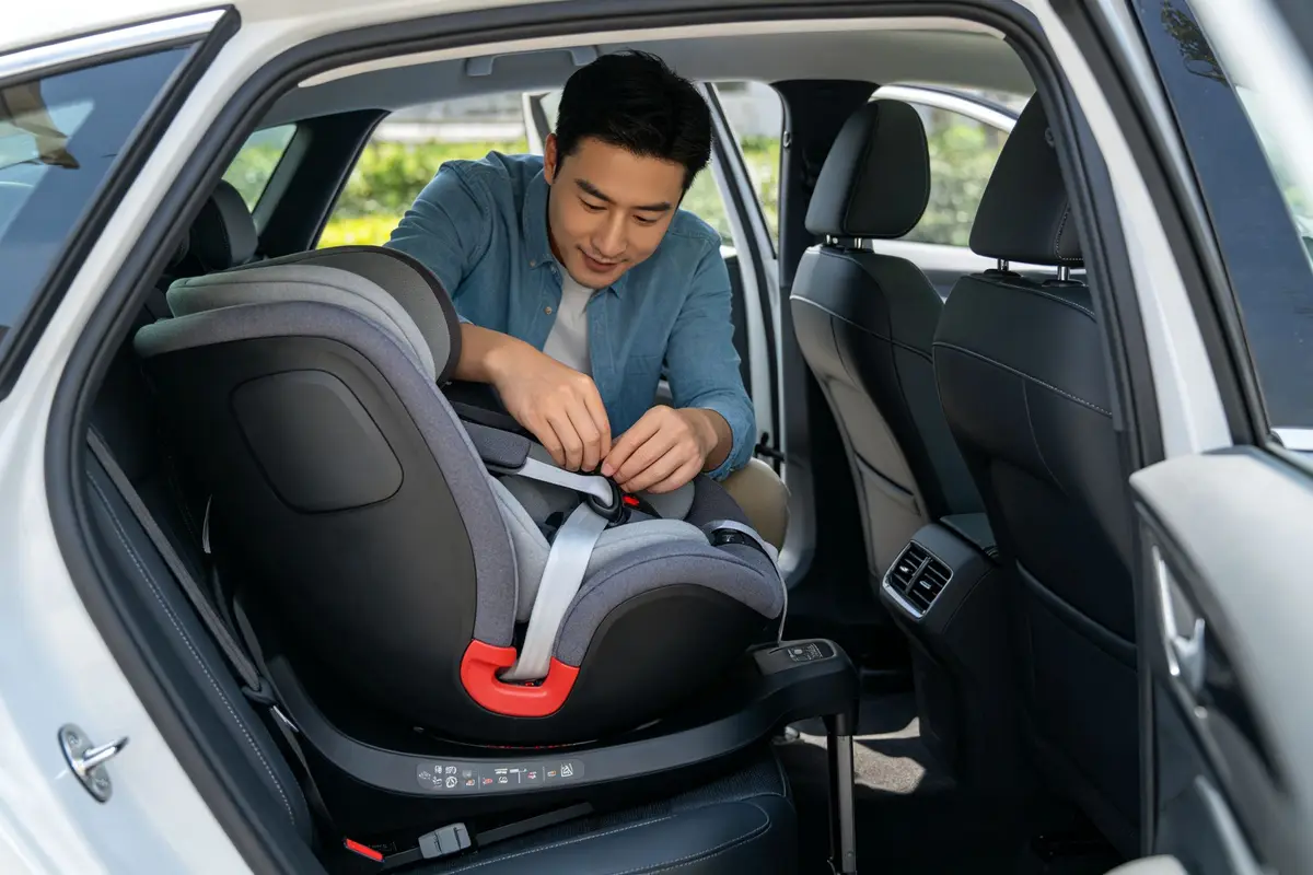 Father installing rear-facing infant car seat in back seat