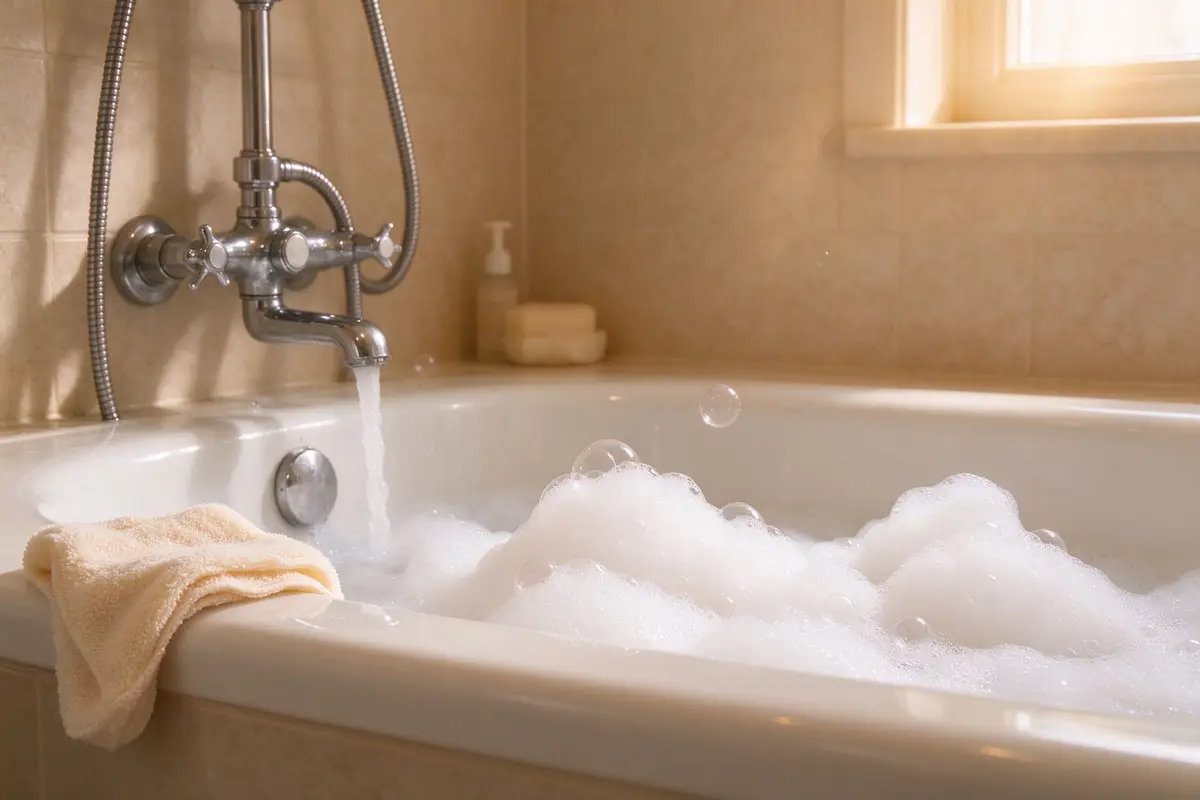 Warm bathtub with gentle bath bubbles and soft washcloth on edge, clean bathroom