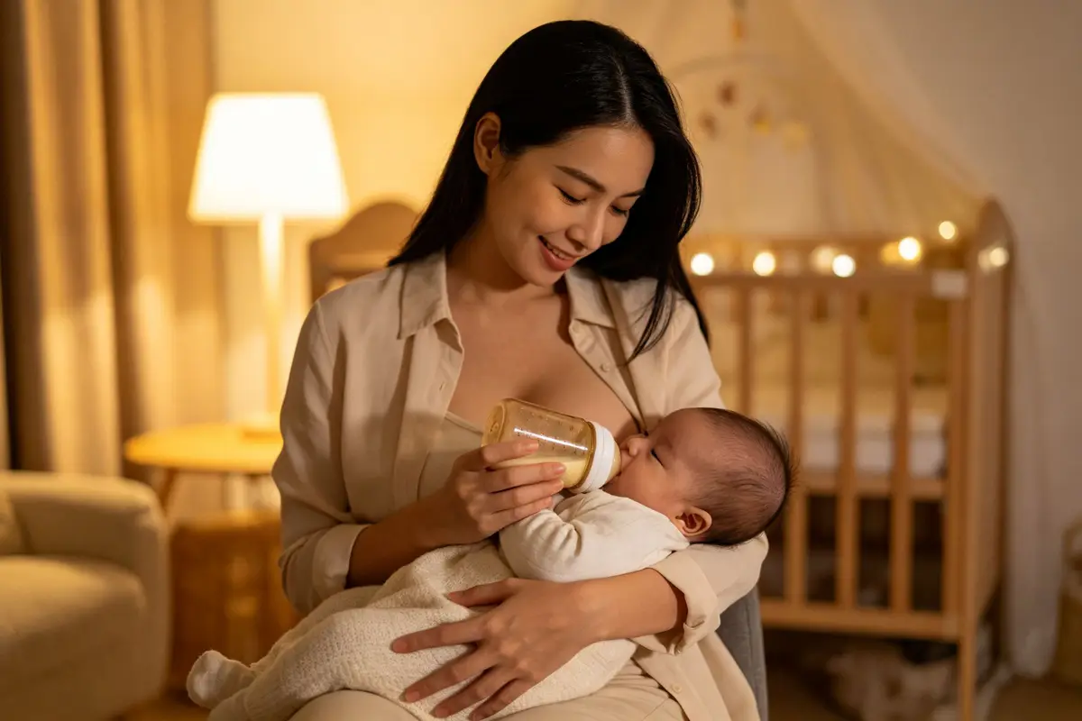 Mother feeding baby with bottle in cozy nursery