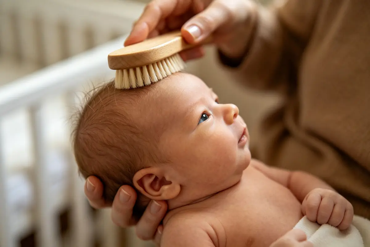 Mother gently brushing newborn baby's fine hair with soft bristle brush in warm nursery setting