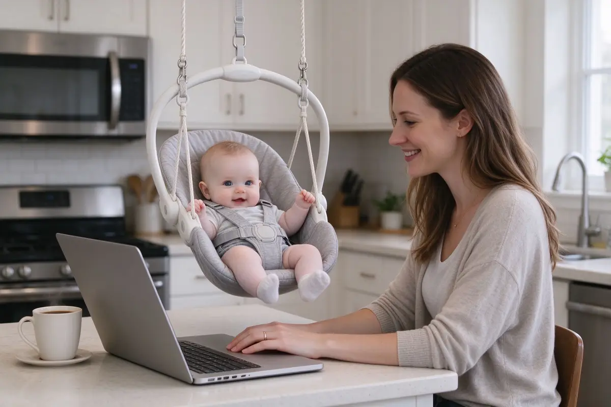 Mother using a baby swing while working at a kitchen counter with a laptop