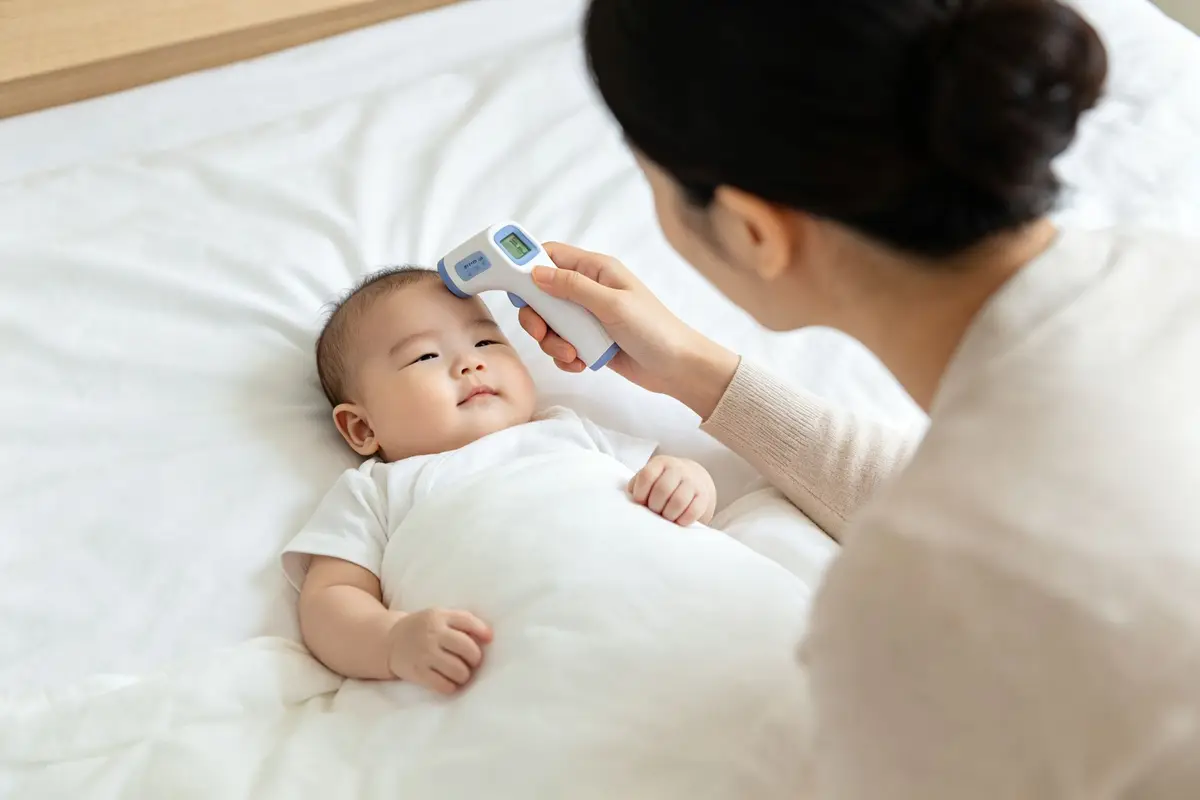 Mother taking baby temperature with digital forehead thermometer in bedroom