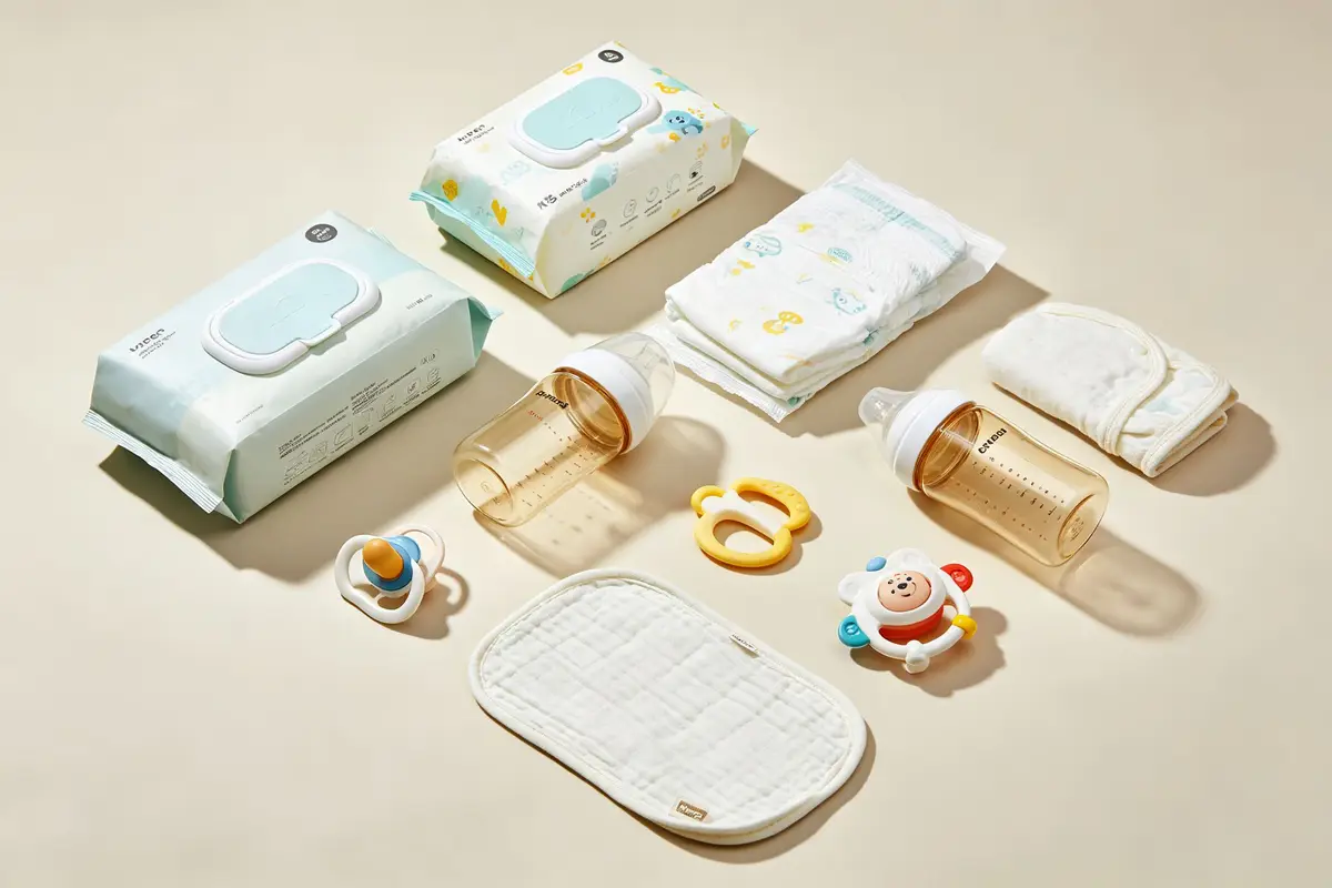 Diaper bag contents spread out including diapers, wipes, bottles, changing mat, pacifier, and small toys on neutral background