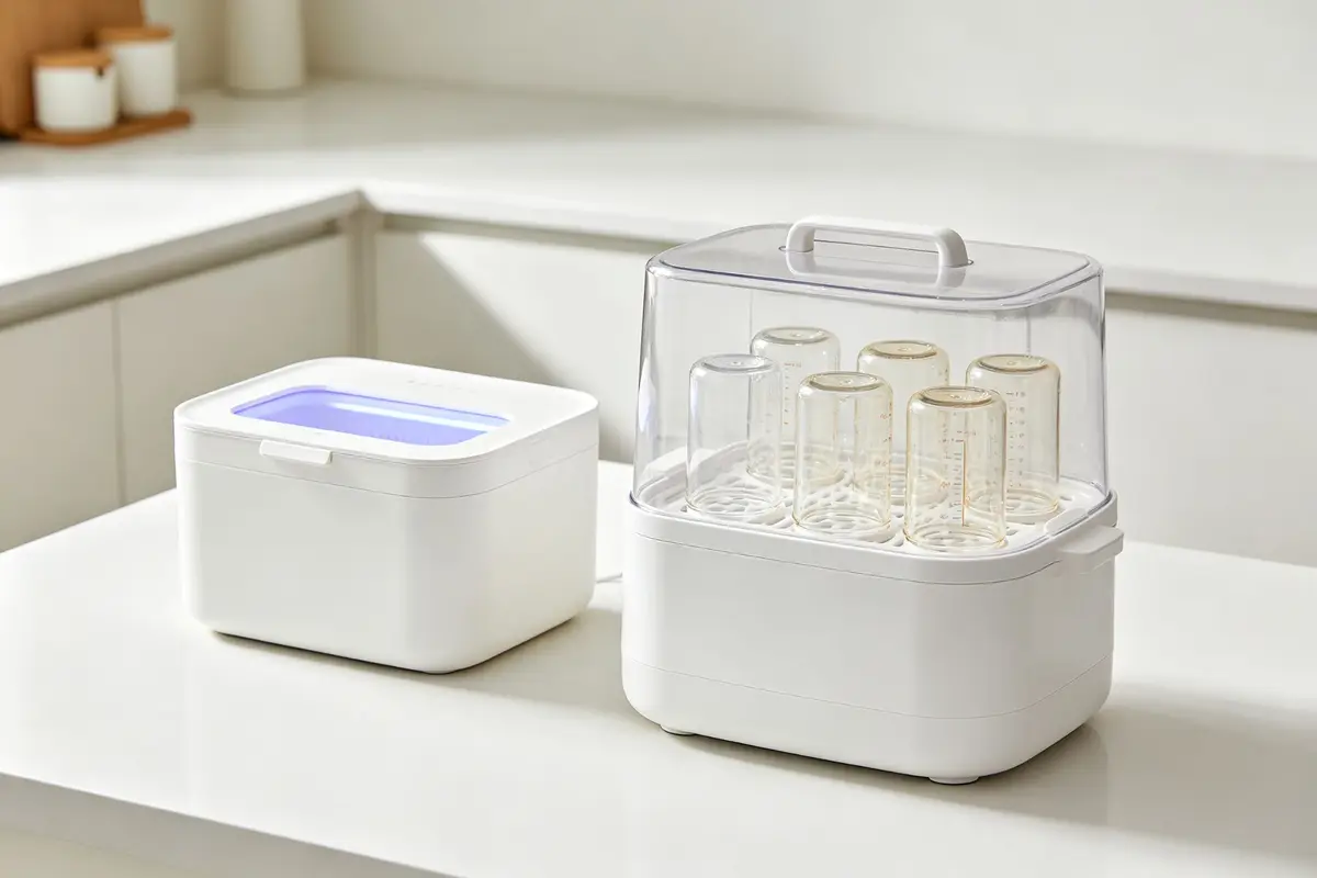 Two types of baby bottle sterilizers side by side: compact UV light sterilizer box and larger steam sterilizer with transparent lid