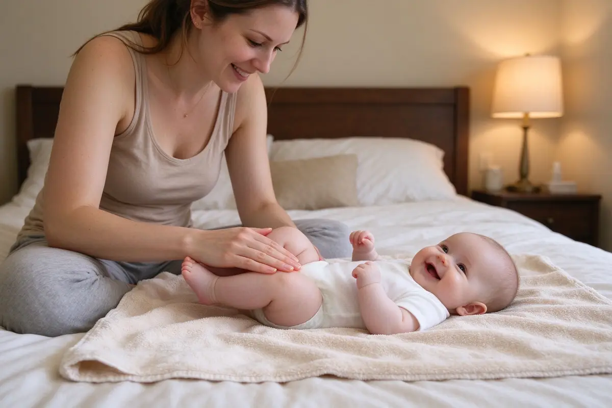 Mother gently massaging happy baby's legs on a soft towel on a bed, warm bedroom