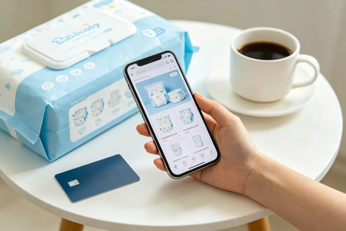 Online shopping for baby diapers on smartphone