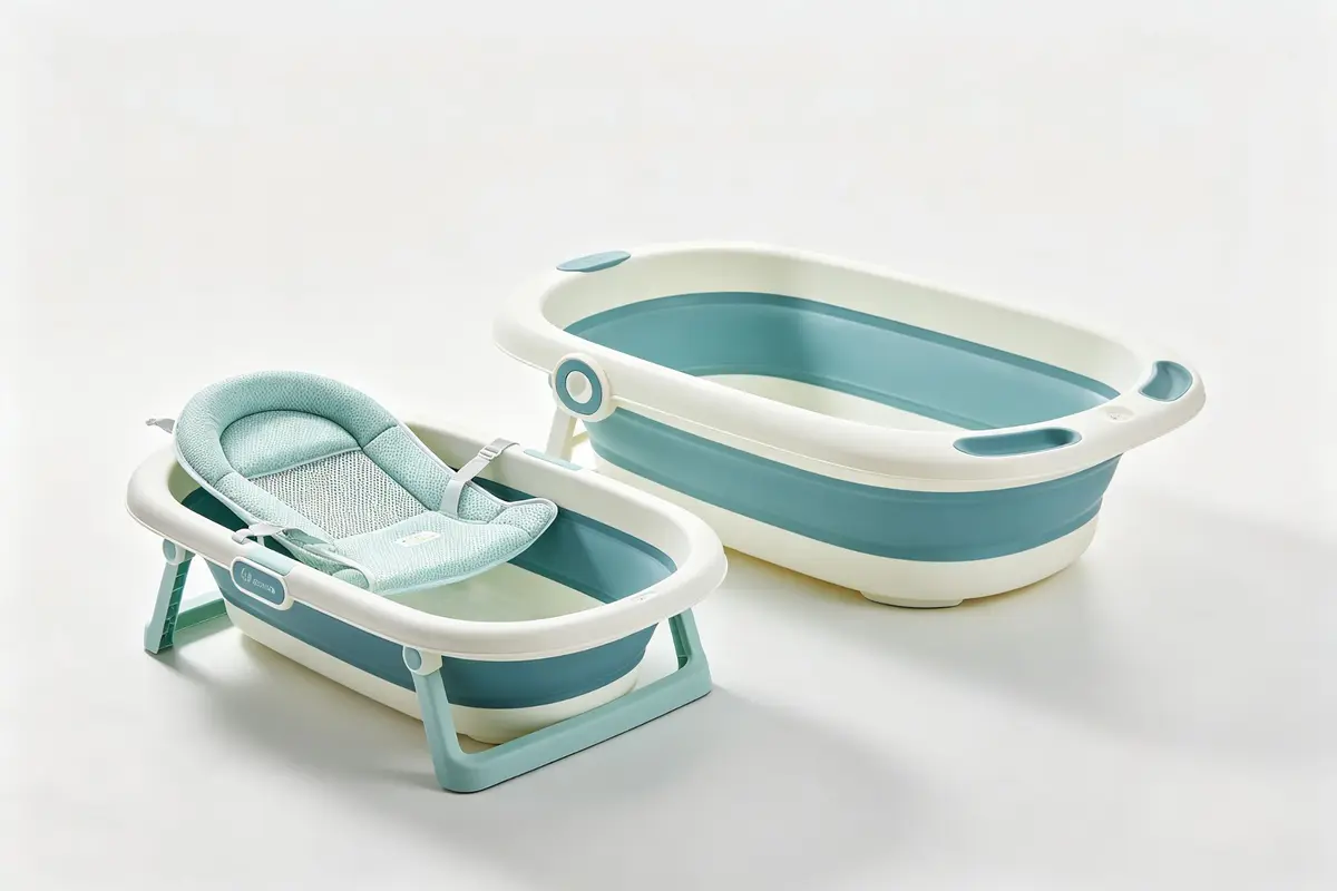 Two types of baby bath tubs including newborn sling tub and larger toddler tub on white background