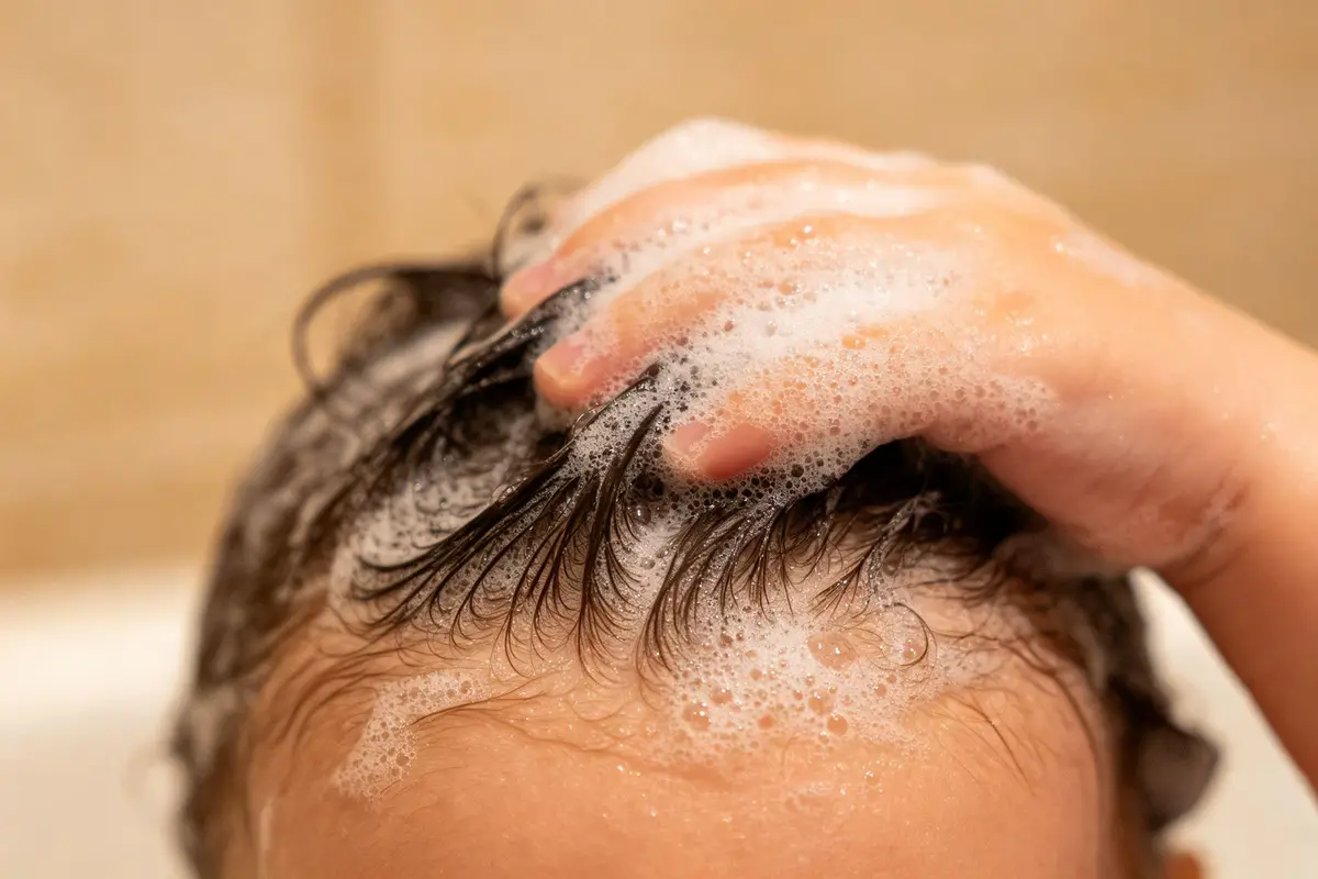 Close-up of baby shampoo foam lather on baby's hair during bath time, soft bubbles, warm bathroom light