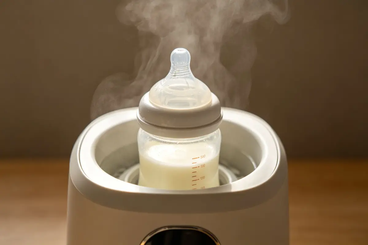 Close-up of a baby bottle warming inside a bottle warmer with steam rising, bottle with milk visible