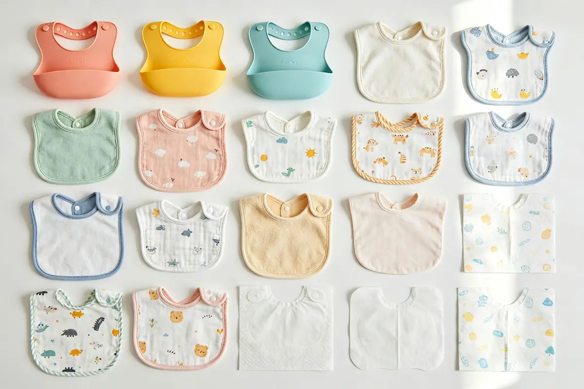 Collection of different baby bibs arranged neatly including silicone cloth and disposable bibs in rows on white surface