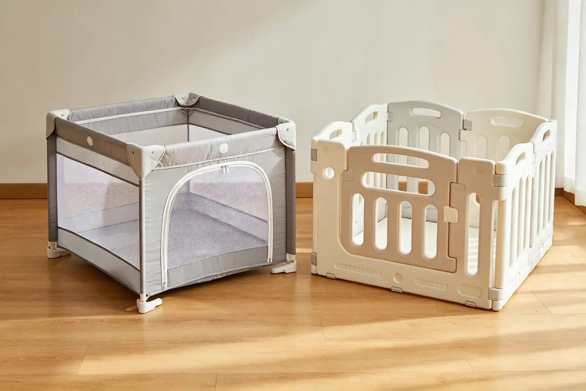 Two types of baby playpens including fabric mesh play yard and modular plastic panel playpen on wooden floor
