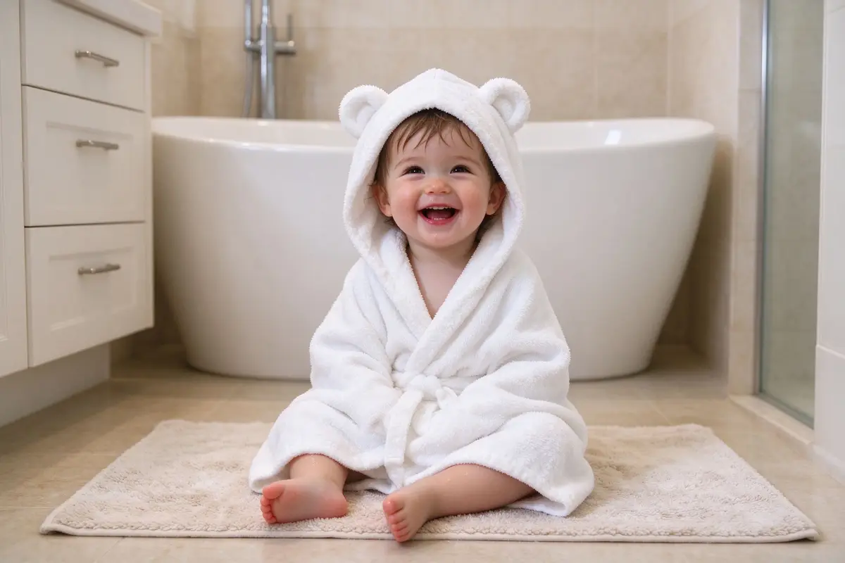 Happy toddler wrapped in a fluffy white hooded towel with bear ears after bath, sitting on bathroom rug