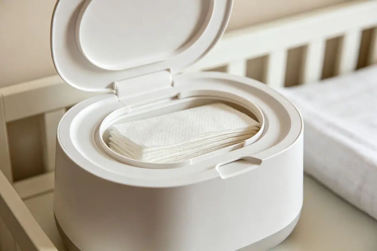 Close-up of a baby wipes warmer with lid open showing warm baby wipes inside on a nursery shelf