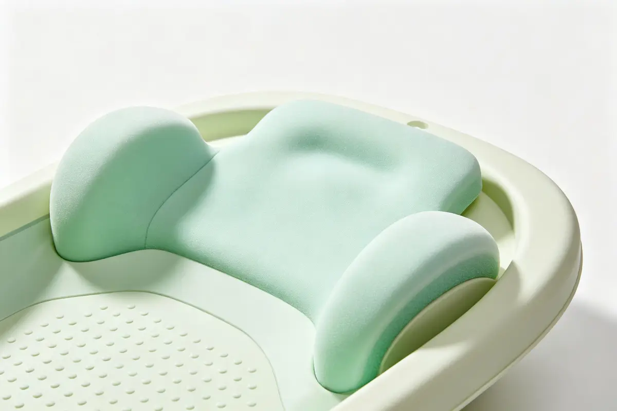 Close-up of a baby bath kneeler mat showing thick memory foam padding, non-slip bottom, and elbow rest pads on clean white background, product photography