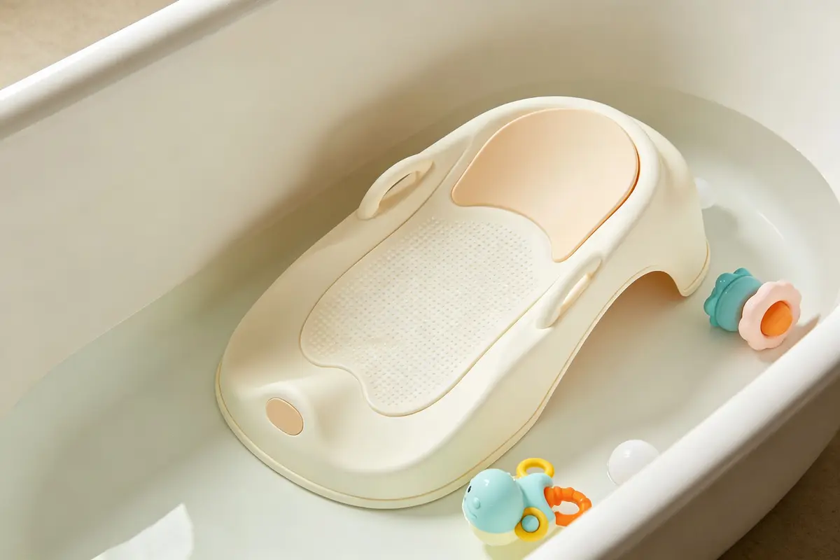 Baby bath support seat with non-slip surface in clean bathtub with bath toys