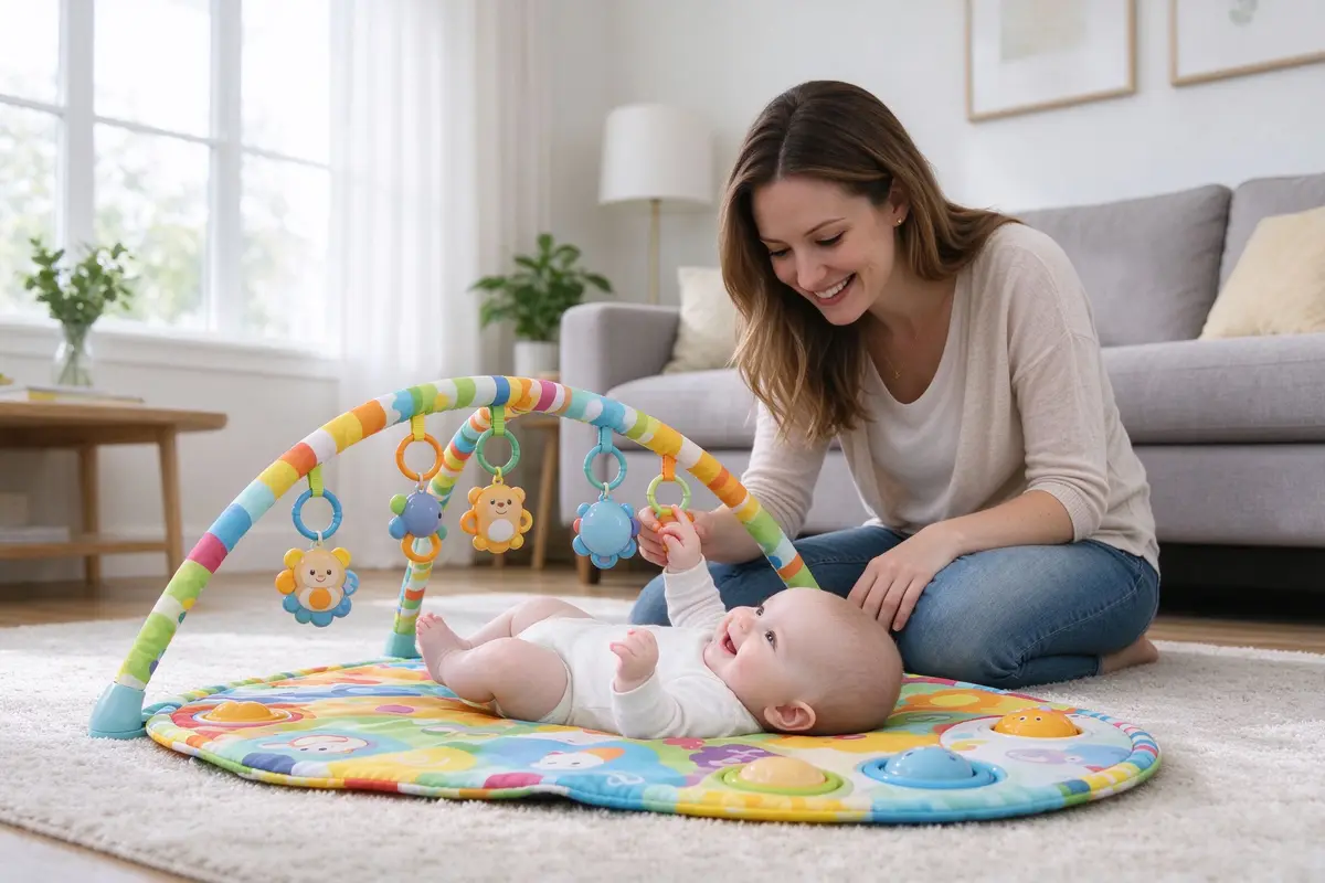 Mother playing with baby on a colorful activity gym mat in a bright living room