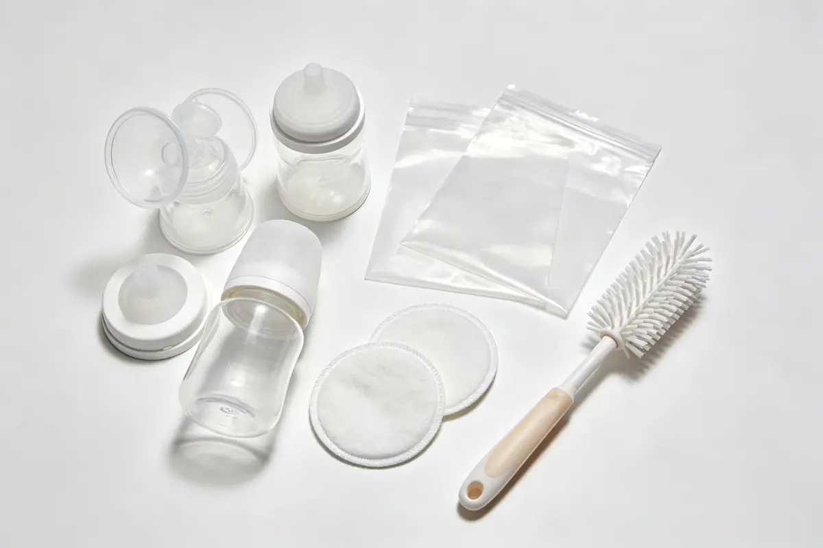 Breastfeeding accessories including pump parts, collection bottles, storage bags, and nursing pads