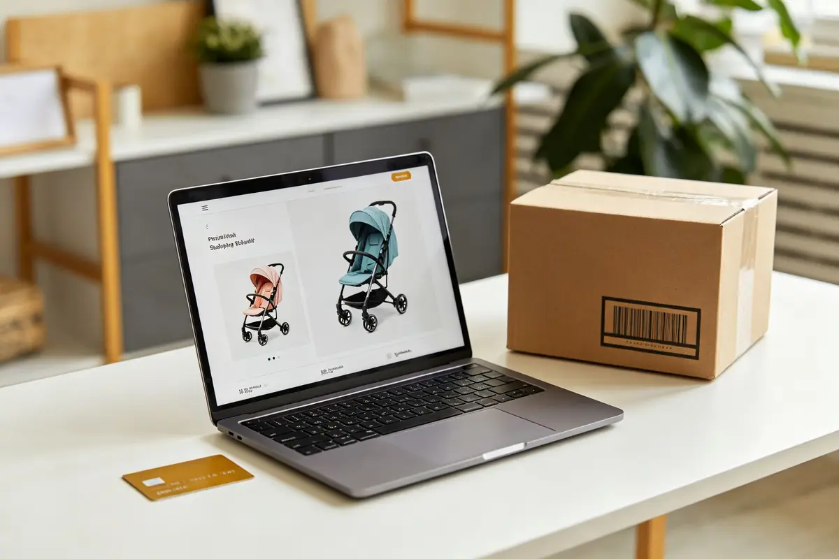 Online shopping baby stroller laptop credit card delivery