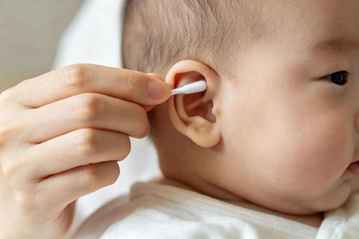 Mother gently cleaning baby ear with baby cotton swab close up