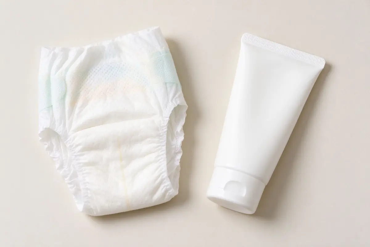 Blank unbranded cream tube next to a soft folded baby diaper on a light neutral surface
