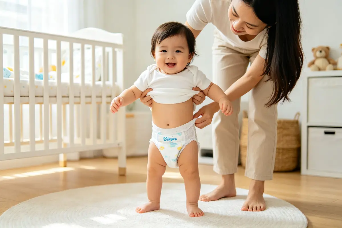 Mother easily pulling up diaper pants on standing active baby