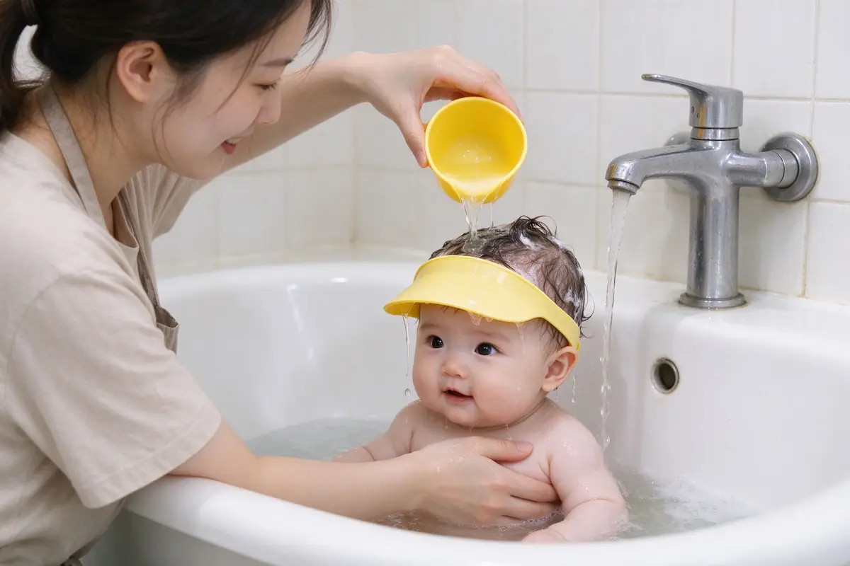 Mother rinsing baby hair with yellow shampoo rinse cup, baby wearing shampoo visor, warm bath time