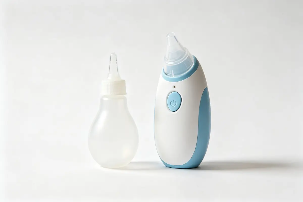 Two types of baby nasal aspirators including bulb syringe and electric nasal aspirator on white background