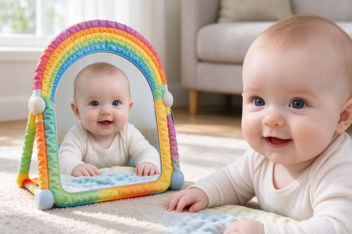 A baby floor mirror toy with crinkle textures and colorful arcs, close-up product shot