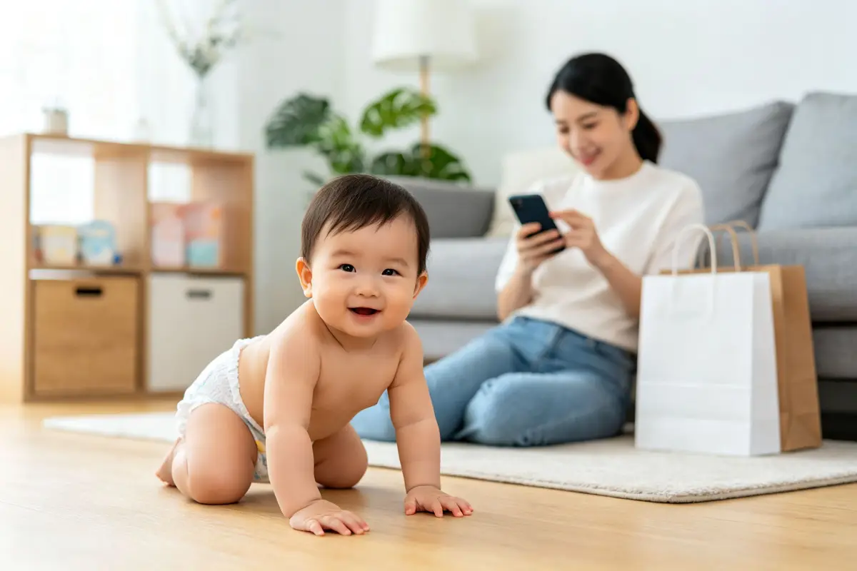Active crawling baby wearing diaper pants with mother shopping on smartphone