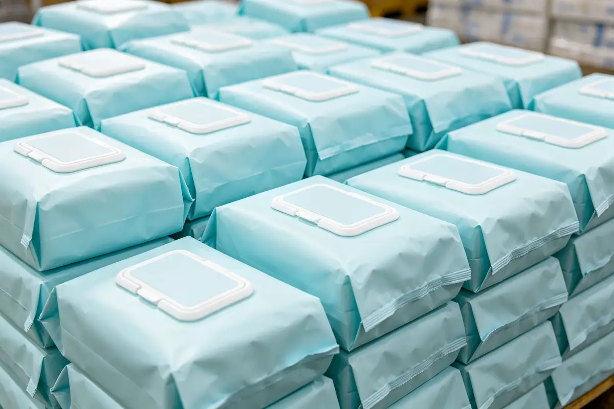 Bulk wholesale baby wipes display stacked in warehouse