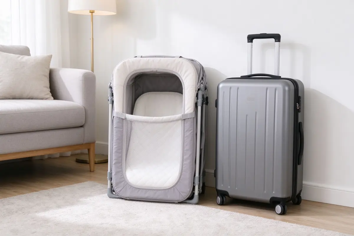 Folded compact travel baby cot next to a gray suitcase in a bright room, ready for travel