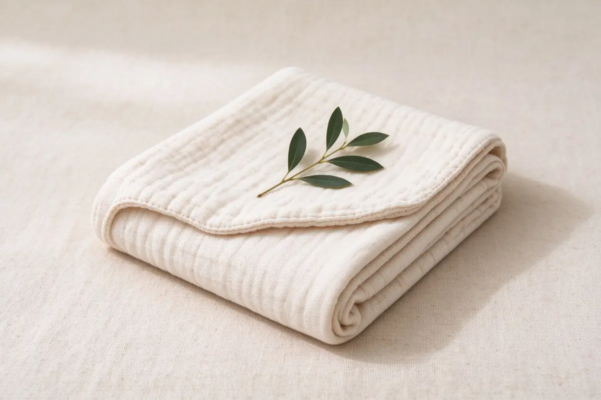 Single folded organic cotton baby towel with a small leaf sprig on top, minimalist product shot