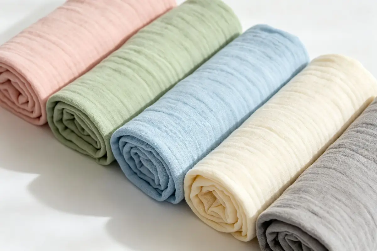 Collection of folded baby swaddle blankets in soft pastel colors including pink, green, blue, cream, and gray