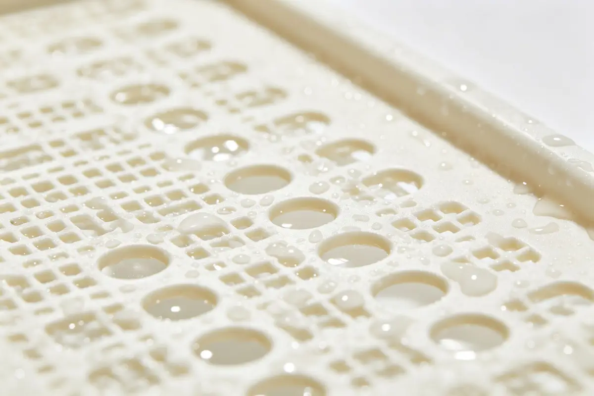 Close-up of bath toy organizer draining holes with water droplets showing quick-dry mesh design on clean white background
