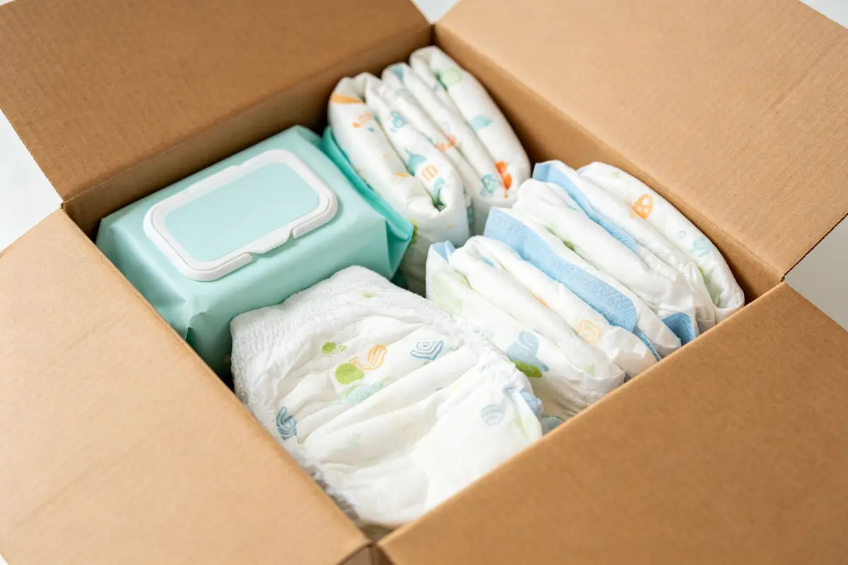 Diaper subscription box unboxing with diapers and wipes