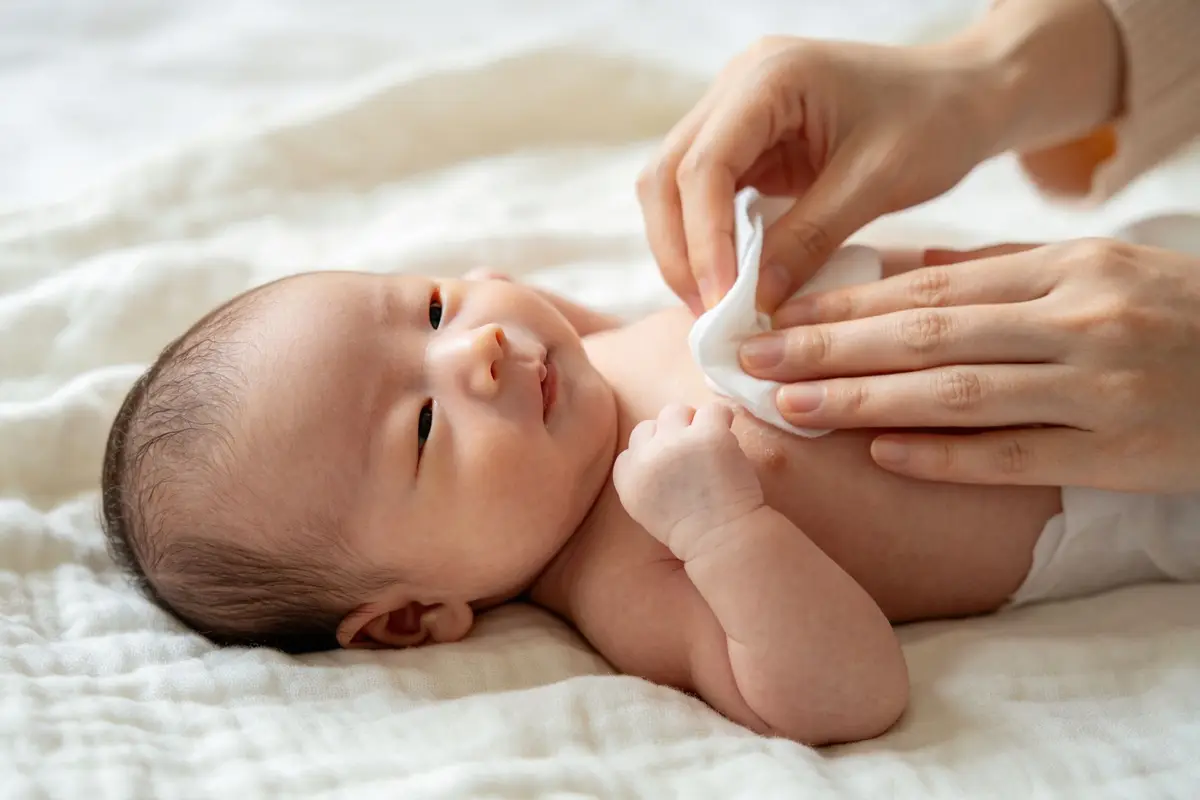 Newborn baby lying on soft blanket while mother gently cleans with water-based wipe