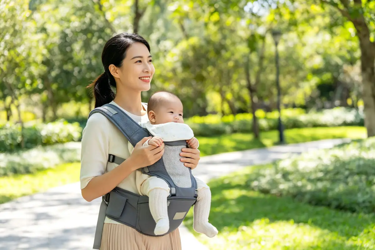 Mother carrying newborn in baby carrier walking in park