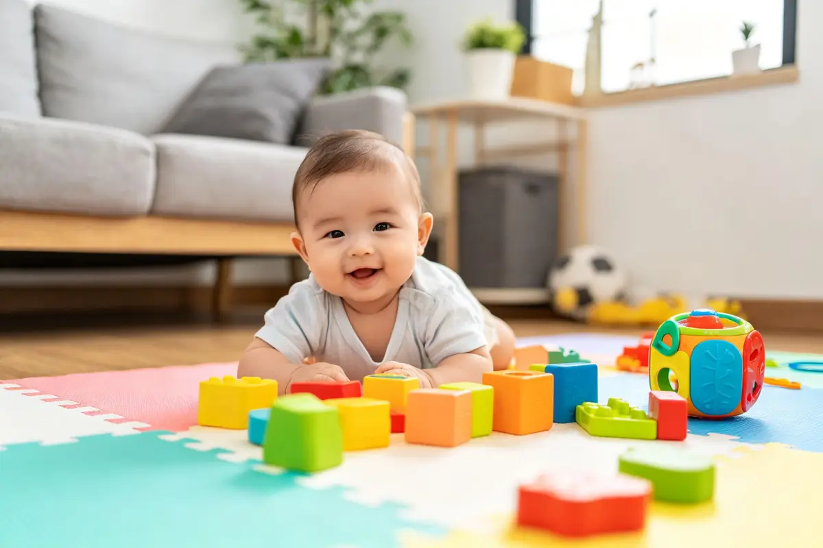 Happy baby playing on soft foam play mat with toys
