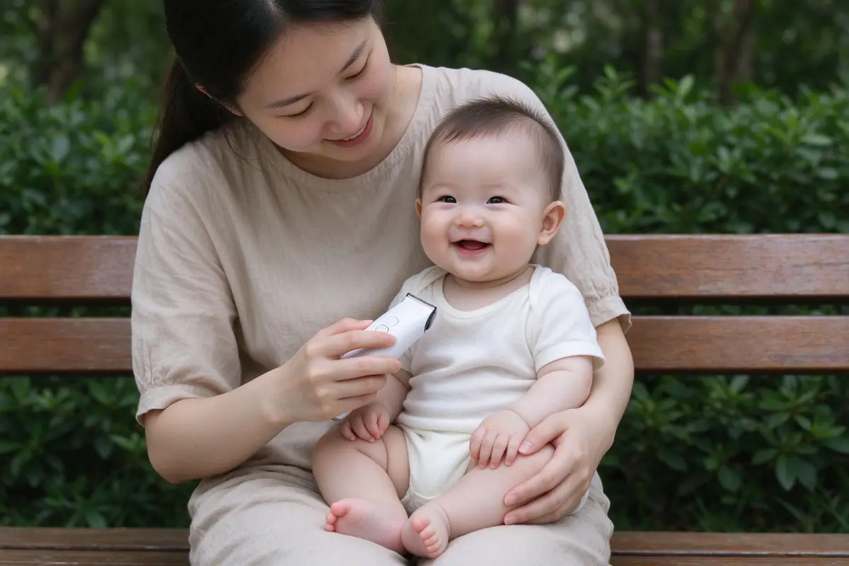 A mother using a quiet baby hair clipper on her baby sitting on her lap, baby smiling