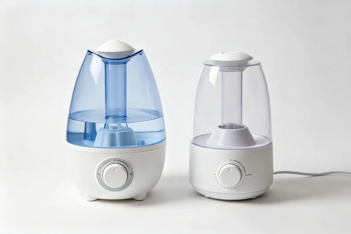 Two types of baby humidifiers including cool mist ultrasonic and warm mist humidifier on white background