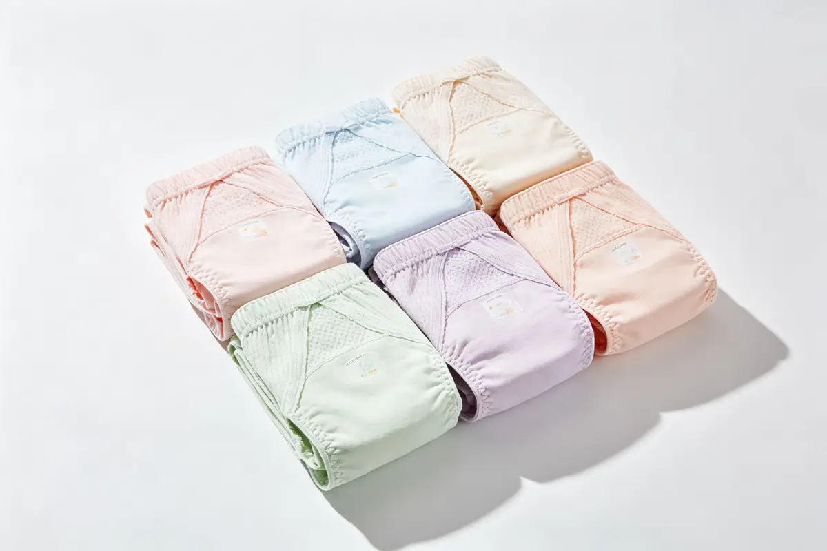 Neat stack of baby training pants in different pastel colors arranged on clean white surface